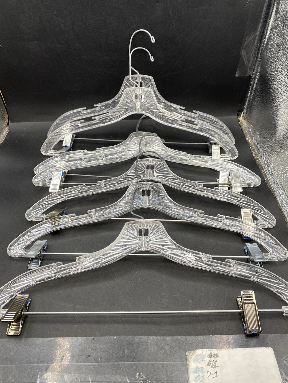 7 Vintage Crystal Burst Clear Plastic Pants/Skirt Hangers w/ Adj. Metal Clips